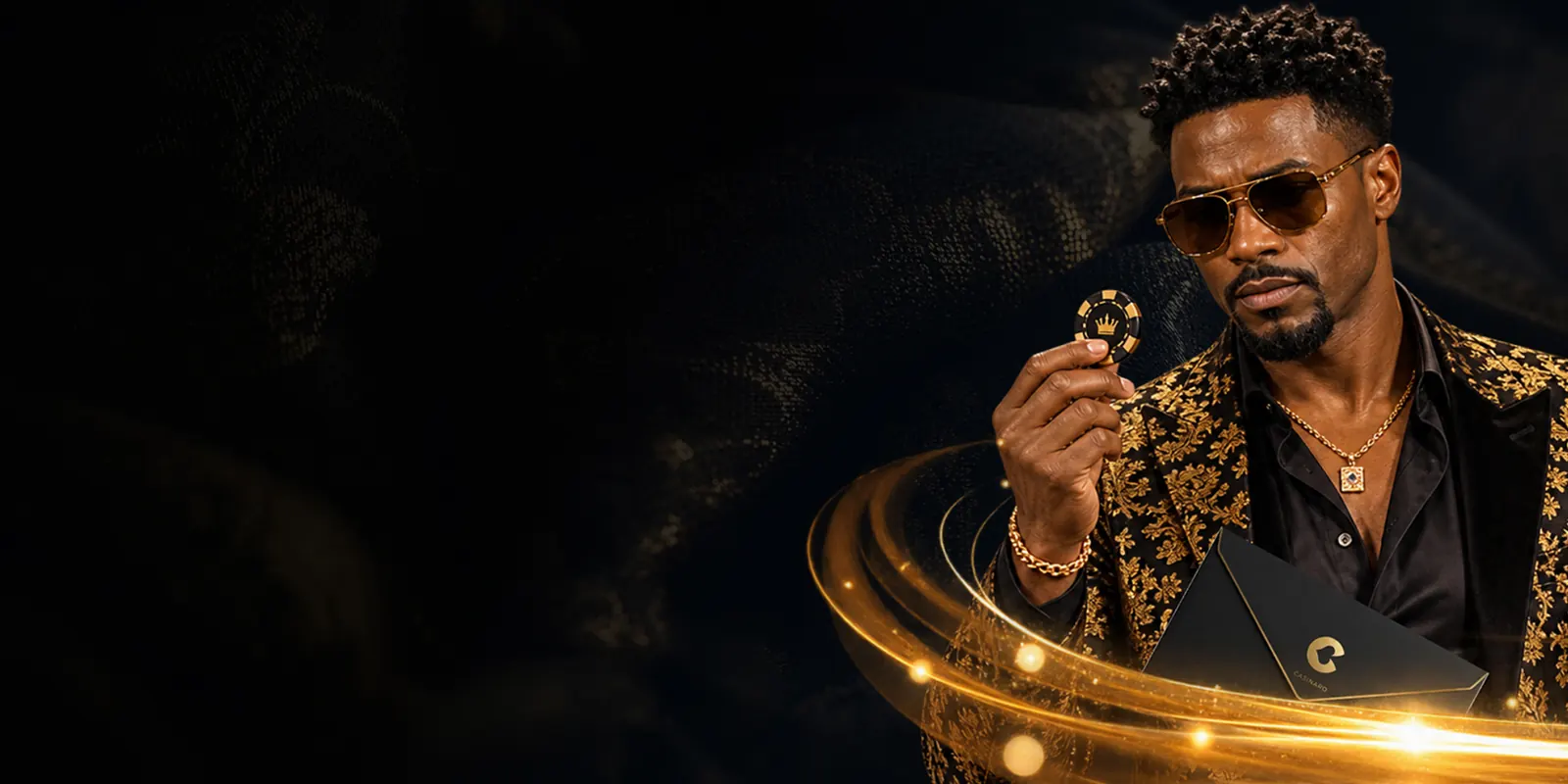 Mann in schwarz-goldener Jacke – CASINORO Willkommensbonus